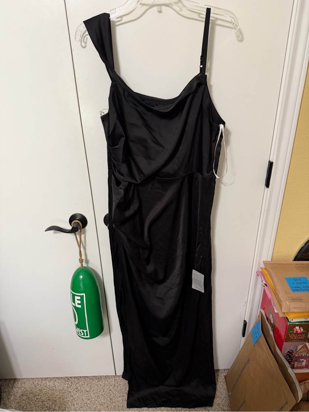Lulu’s Asymmetrical Off-the-Shoulder Black Satin Dress